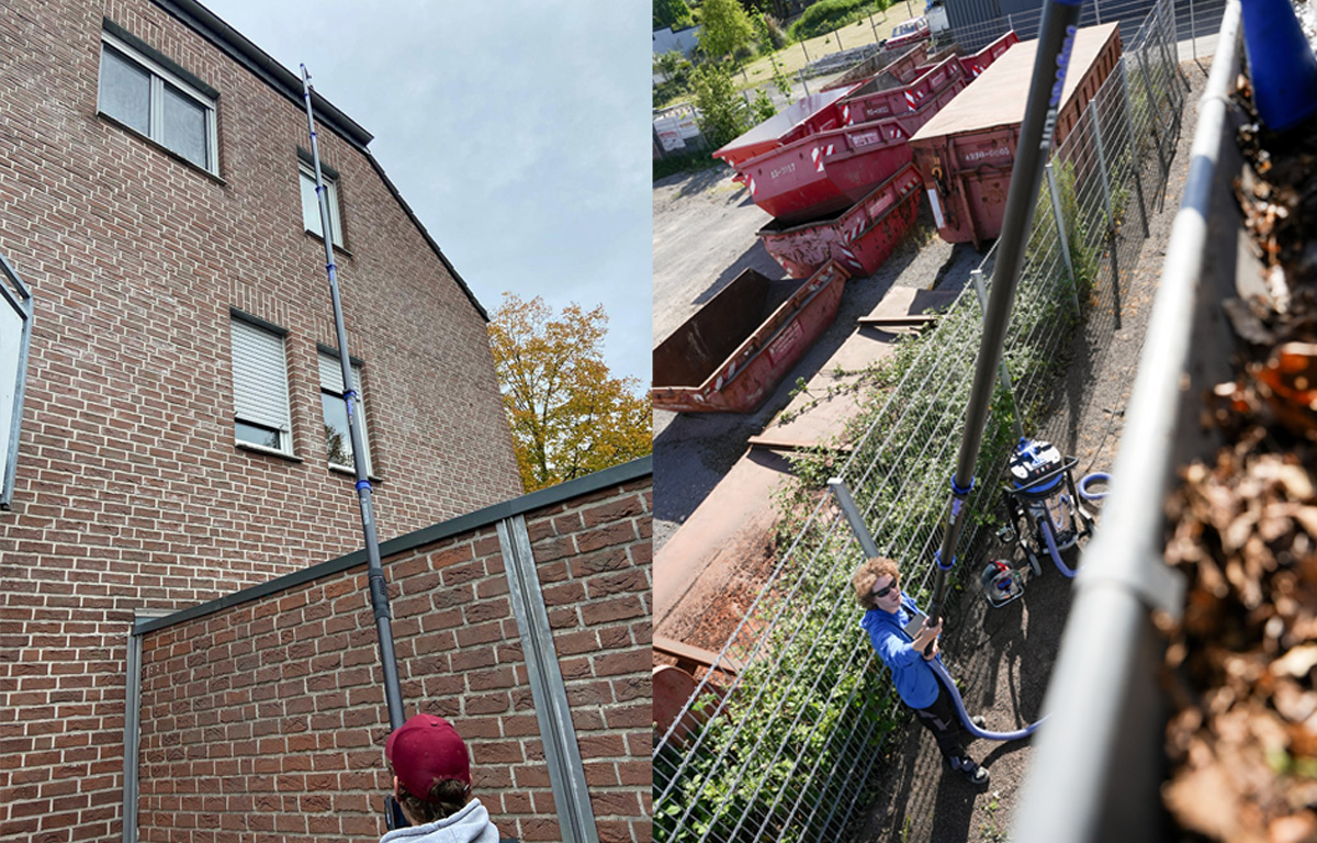 Reinigung einer Dachrinne mit Hochleistungssauger und Kamerasystem vom Boden aus